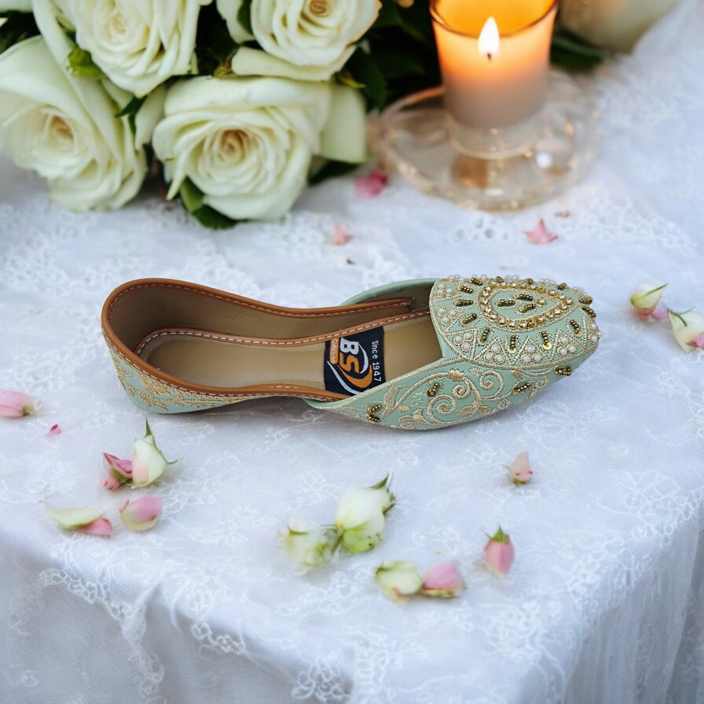 Embroidered Mint Green Bridal Juttis with Gold Beadwork