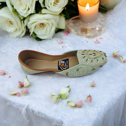 Embroidered Mint Green Bridal Juttis with Gold Beadwork