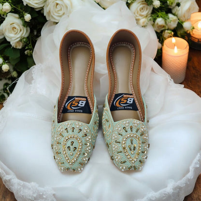 Embroidered Mint Green Bridal Juttis with Gold Beadwork