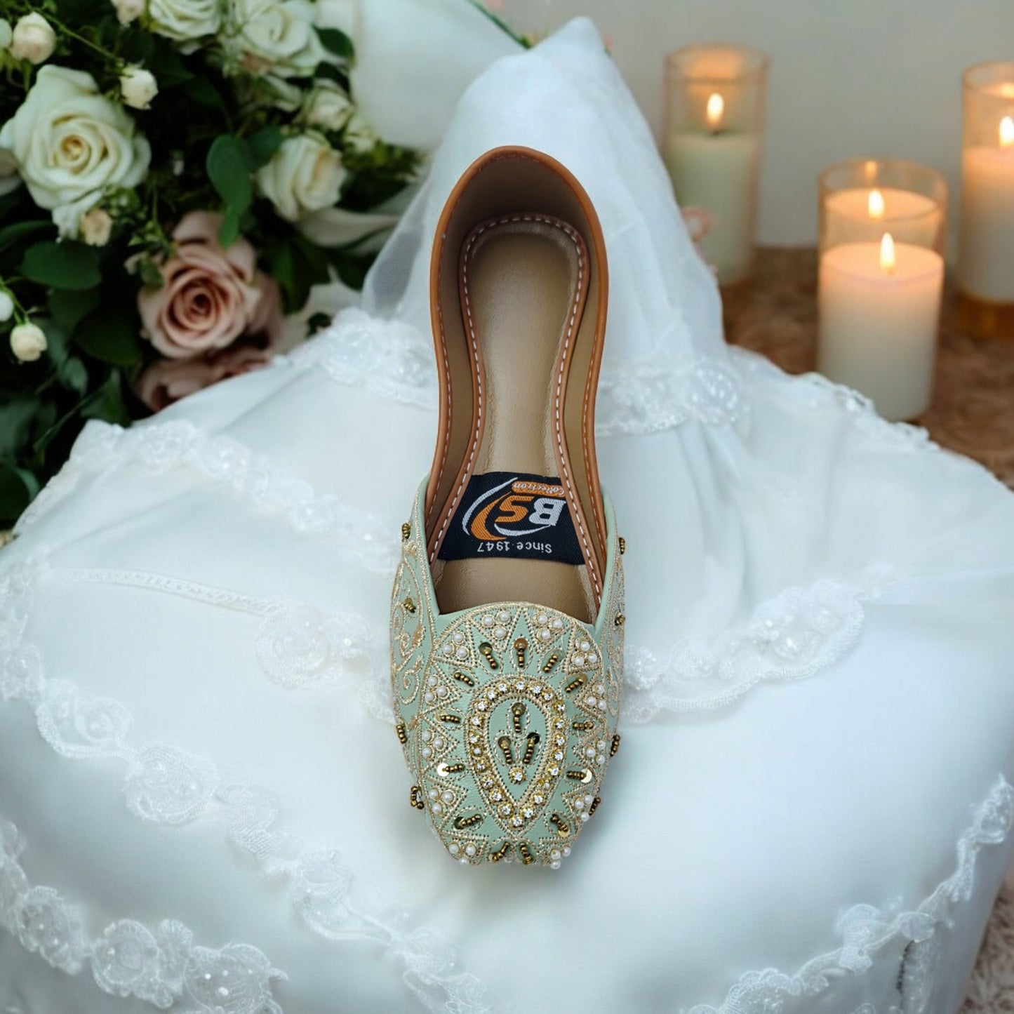 Embroidered Mint Green Bridal Juttis with Gold Beadwork