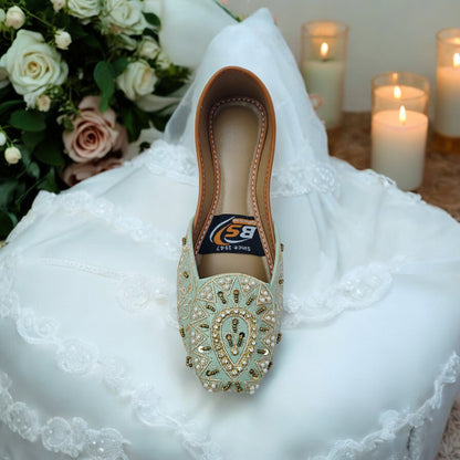 Embroidered Mint Green Bridal Juttis with Gold Beadwork