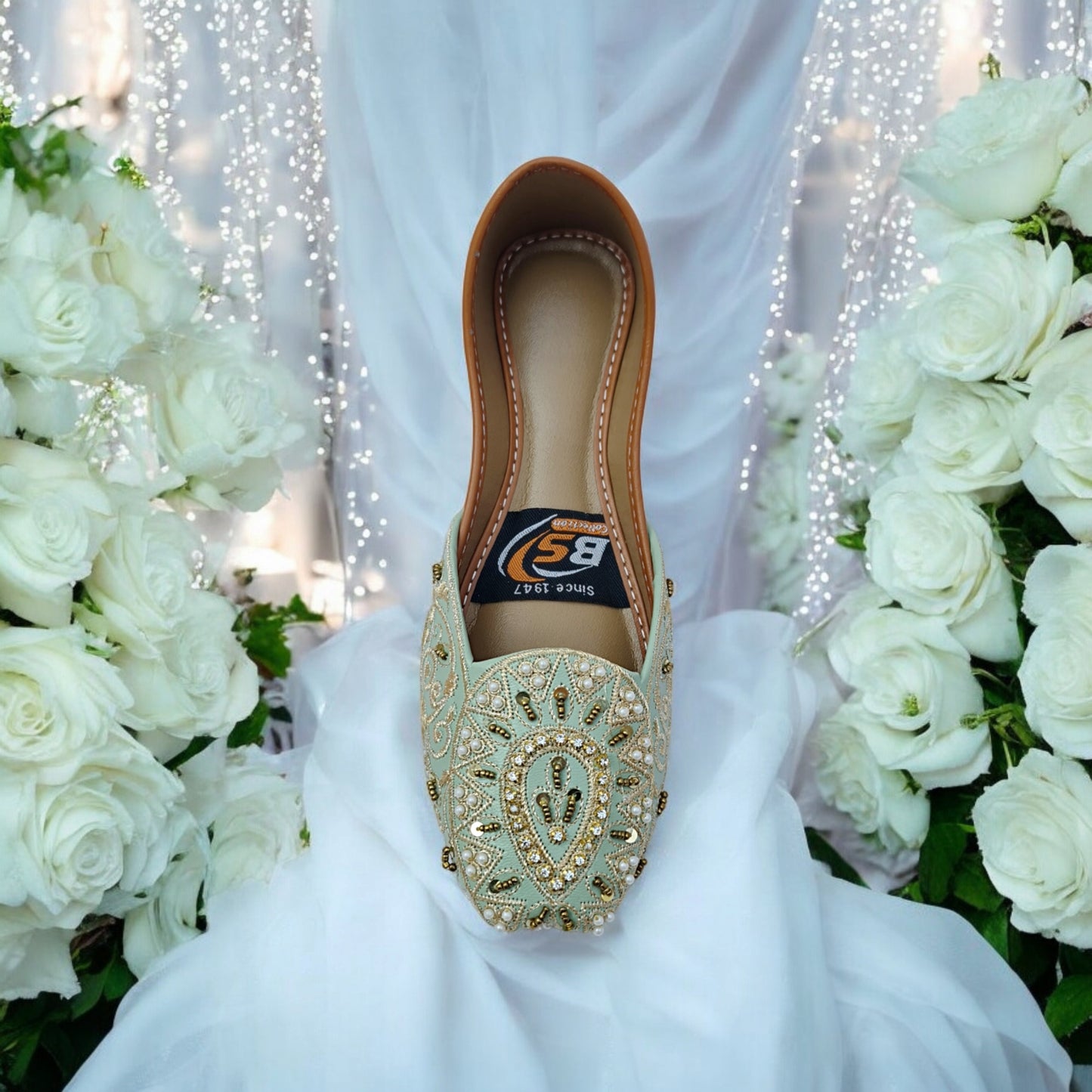 Embroidered Mint Green Bridal Juttis with Gold Beadwork