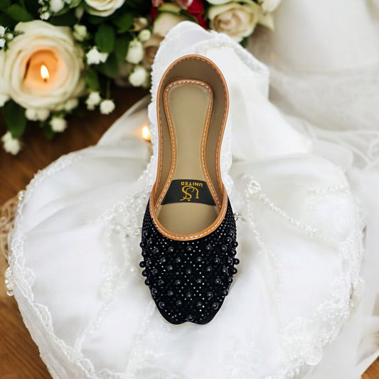 Black Pearl Embellished Khussa – Handcrafted Bridal & Party Wear Flats