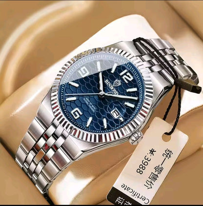 BINBOND Luxury Gold & Silver Stainless Steel Wristwatch – Blue Dial with Date Display