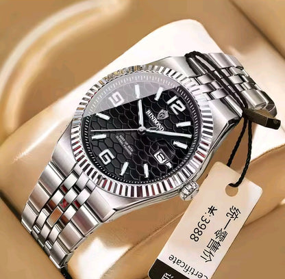 BINBOND Luxury Gold & Silver Stainless Steel Wristwatch – Blue Dial with Date Display