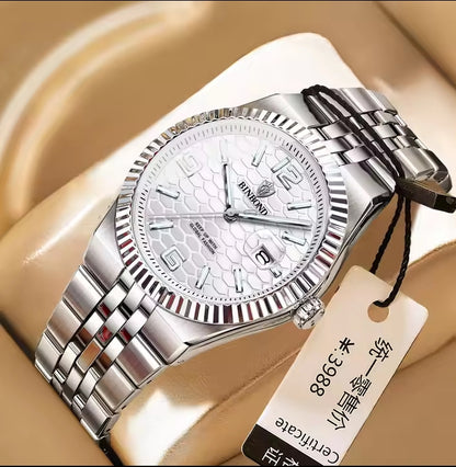 BINBOND Luxury Gold & Silver Stainless Steel Wristwatch – Blue Dial with Date Display