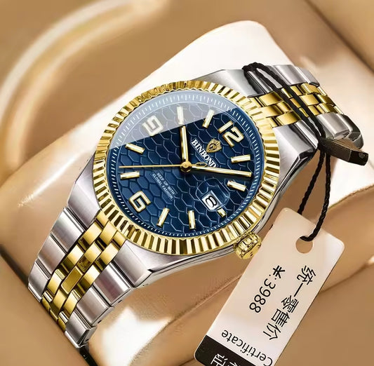 BINBOND Luxury Gold & Silver Stainless Steel Wristwatch – Blue Dial with Date Display