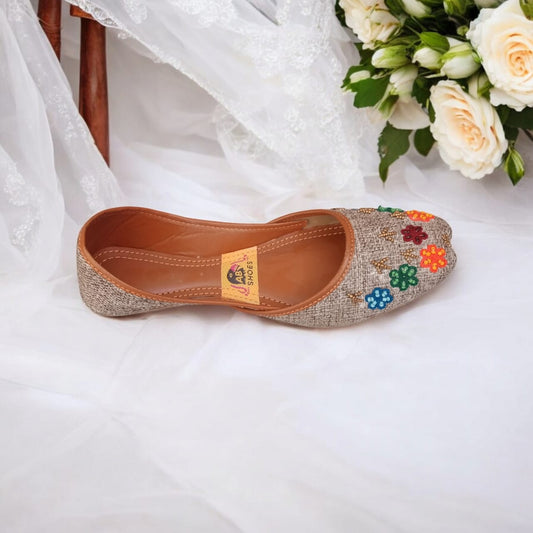 Handmade Denim Embroidered Khussa – Colorful Floral Traditional Women’s Flats