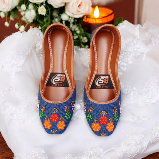 Handmade Denim Embroidered Khussa – Colorful Floral Traditional Women’s Flats