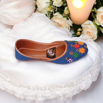 Handmade Denim Embroidered Khussa – Colorful Floral Traditional Women’s Flats