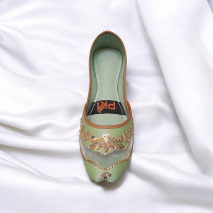 Mint Green Net Embroidered Jutti – Handcrafted Elegance