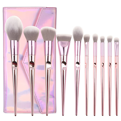 10-Piece Rose Gold Makeup Brush Set with Holographic Case – Professional Face & Eye Brushes