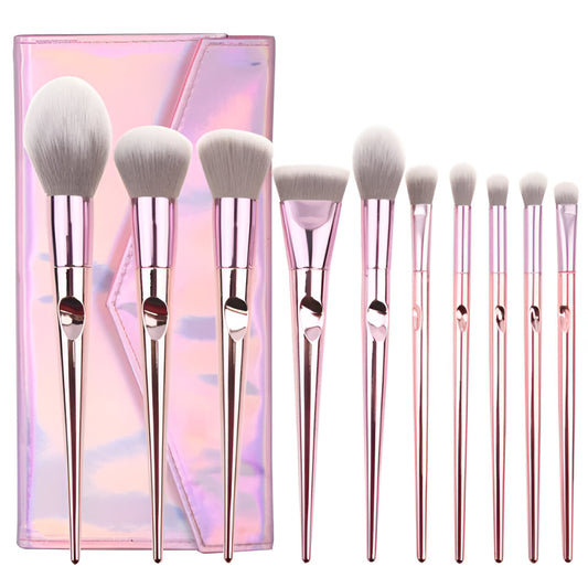 10-Piece Rose Gold Makeup Brush Set with Holographic Case – Professional Face & Eye Brushes